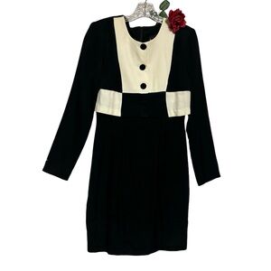 VTG Brioche Color Block Dress Made in USA 5/6 Black Cream Long sleeve EUC